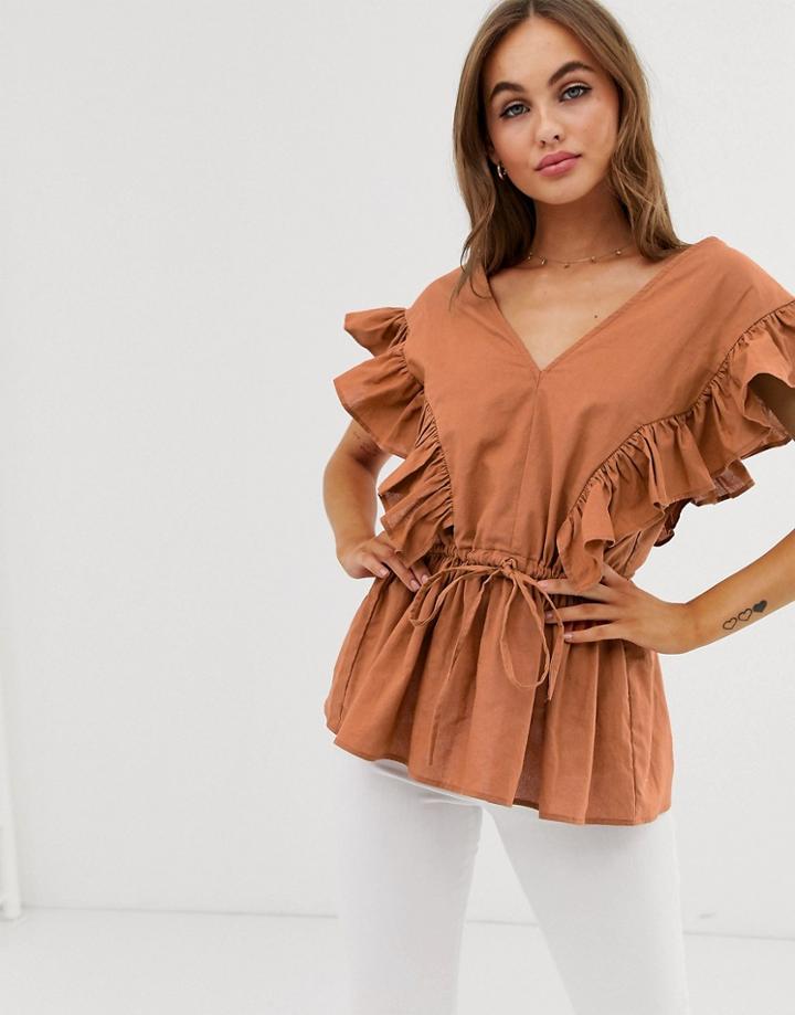 Asos Design Frill Shoulder Top With Drawstring Detail In Cotton - Tan