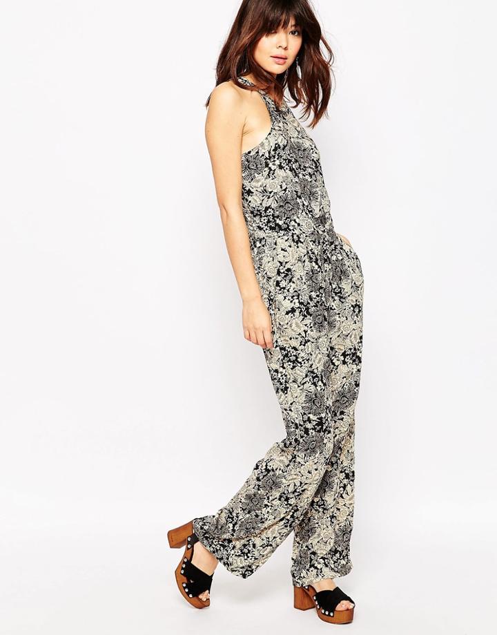 Brave Soul Floral Print High Neck Jumpsuit - Black Combo