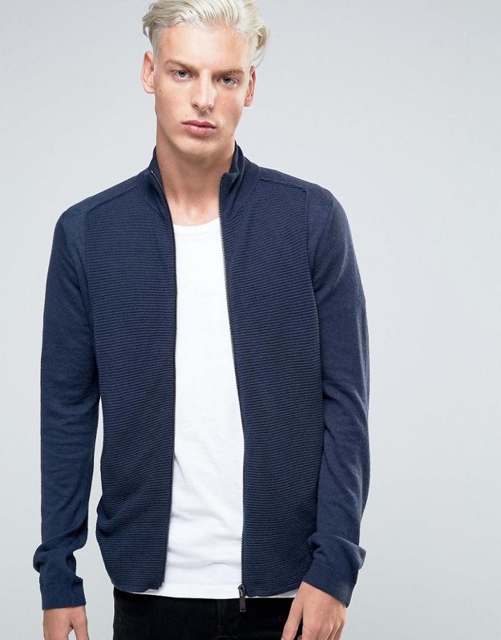 Sisley Zip Thru Cardigan With Ribbed Panelling - Navy