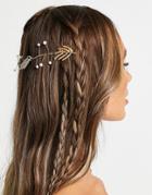 Asos Design Back Hair Crown With Crystal Leaf And Pearl Detail In Gold Tone