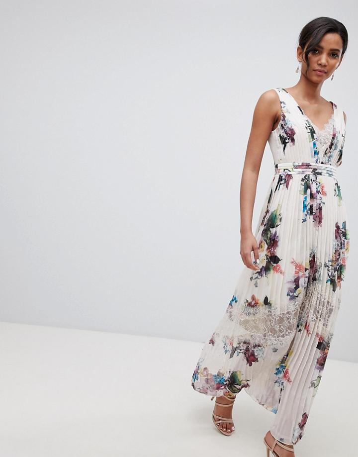 Little Mistress Pleated Maxi Dress In Floral Print In Cream Multi