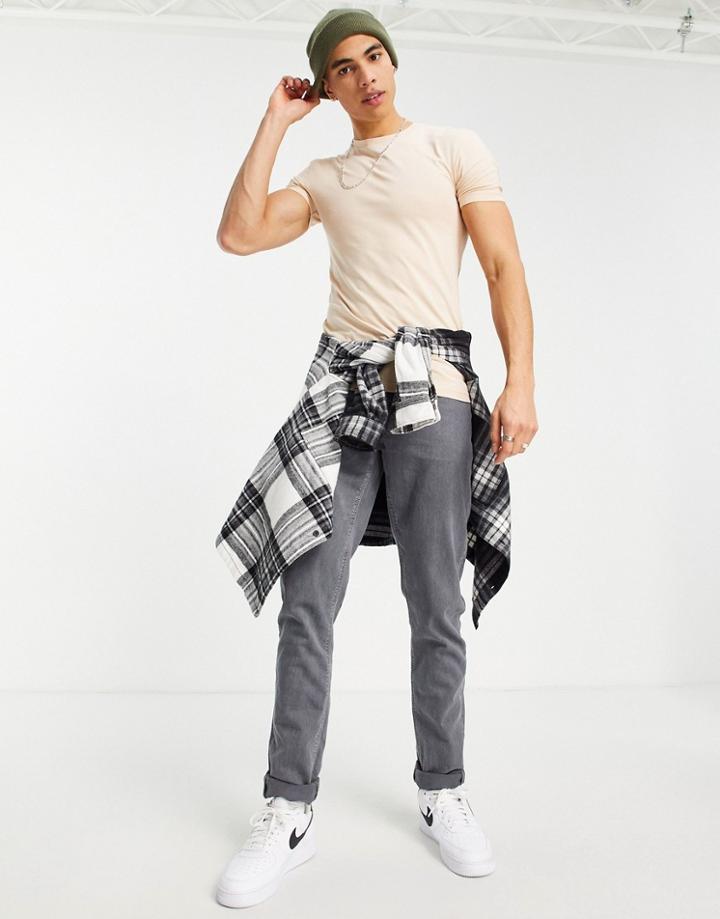 Asos Design Muscle Fit T-shirt With Crew Neck In Beige-neutral