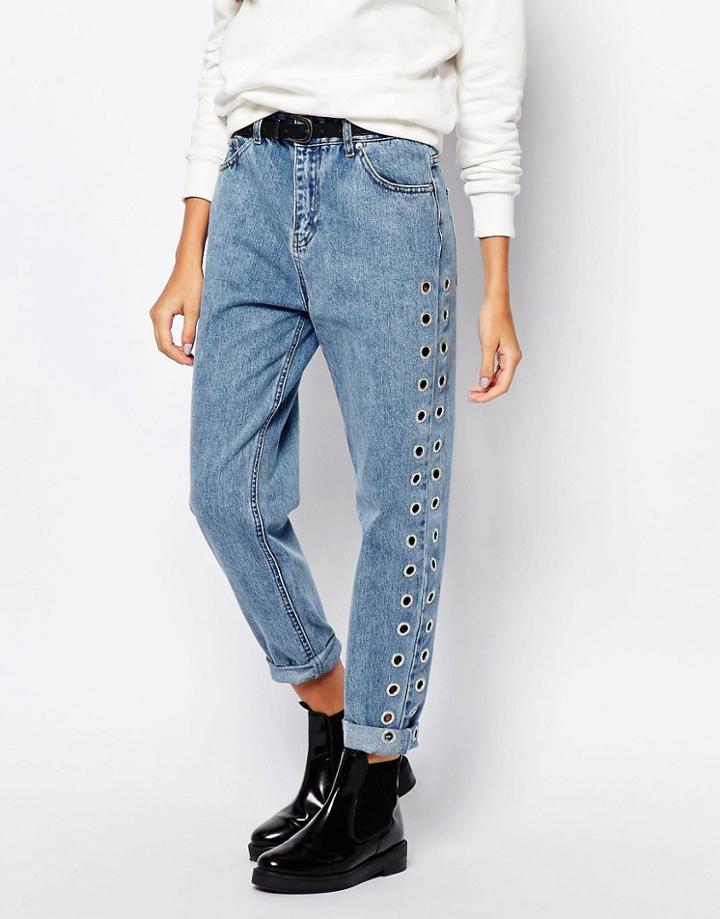 Pull & Bear Eyelet Detail Mom Jean - Blue