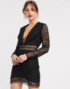 Asos Design Mini Dress With Long Sleeve In Lace-black