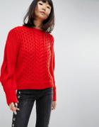 Asos Sweater In Cable With Volume Sleeve - Red