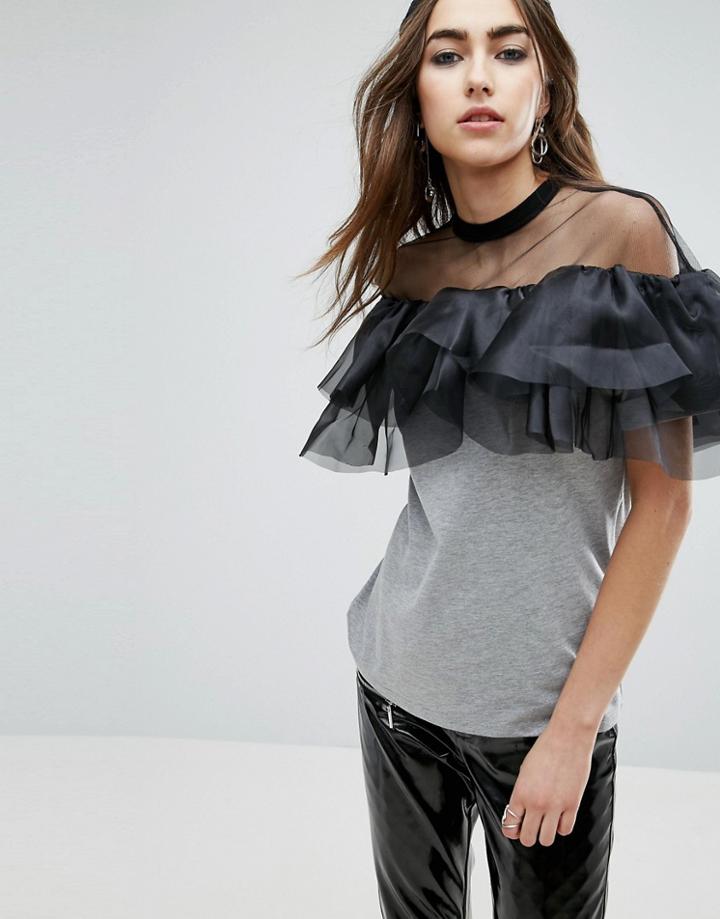 Asos T-shirt With Mesh And Ruffle Detail - Gray