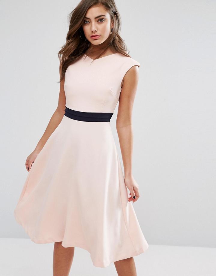 Vesper Midi Skater Dress With Contrast Waist - Pink