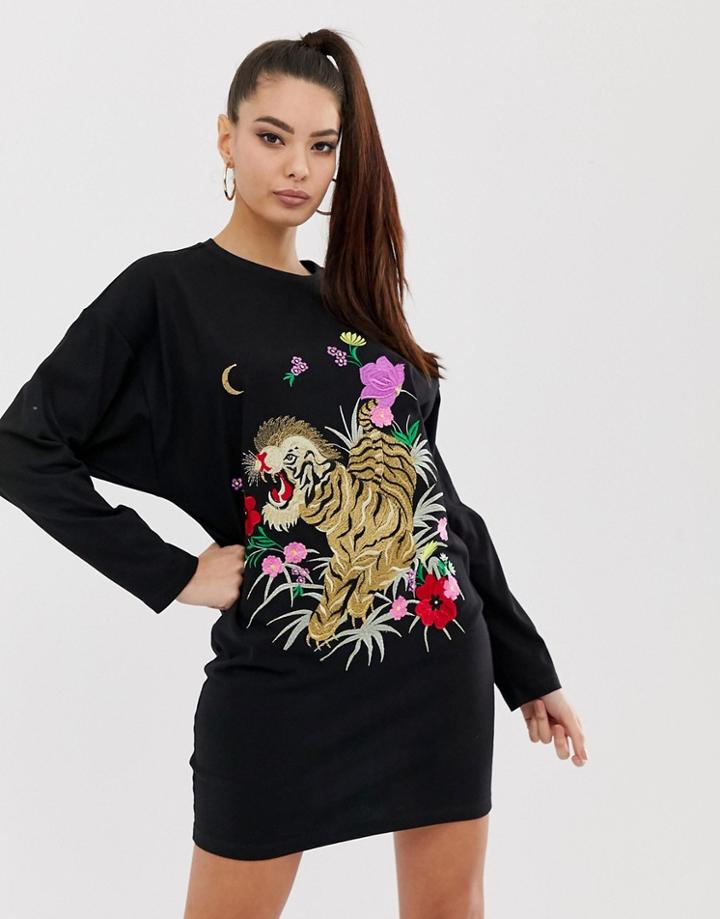 Asos Design Tiger Embroidery T-shirt Dress-black