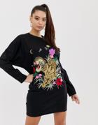 Asos Design Tiger Embroidery T-shirt Dress-black