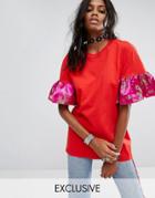 Reclaimed Vintage Inspired Festival Oversized T-shirt With Brocade Ruffle Sleeves - Red