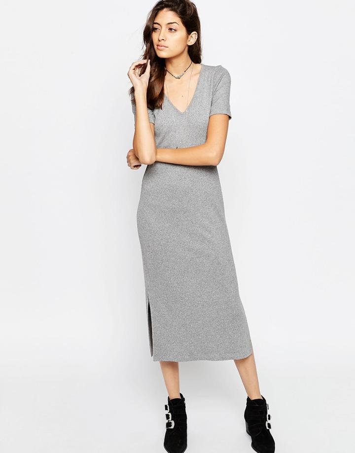 Asos Ribbed V-neck Column Midi Dress - Gray