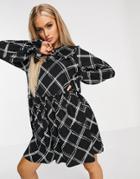 Asos Design Mini Smock Dress With Collar In Black And White Plaid