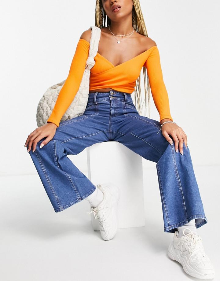 Object High Waisted Wide Leg Jeans With Seam Detail-blues