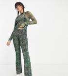 Weekday Recycled Polyester Flared Pants In Green Snake Print - Part Of A Set