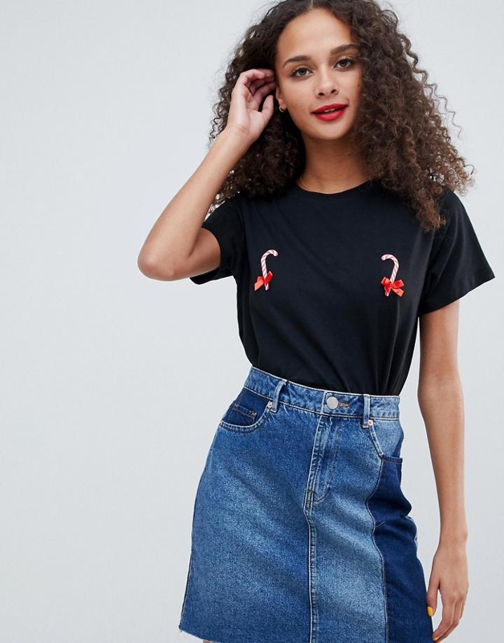 Asos Design Christmas T-shirt With Candy Canes - Black
