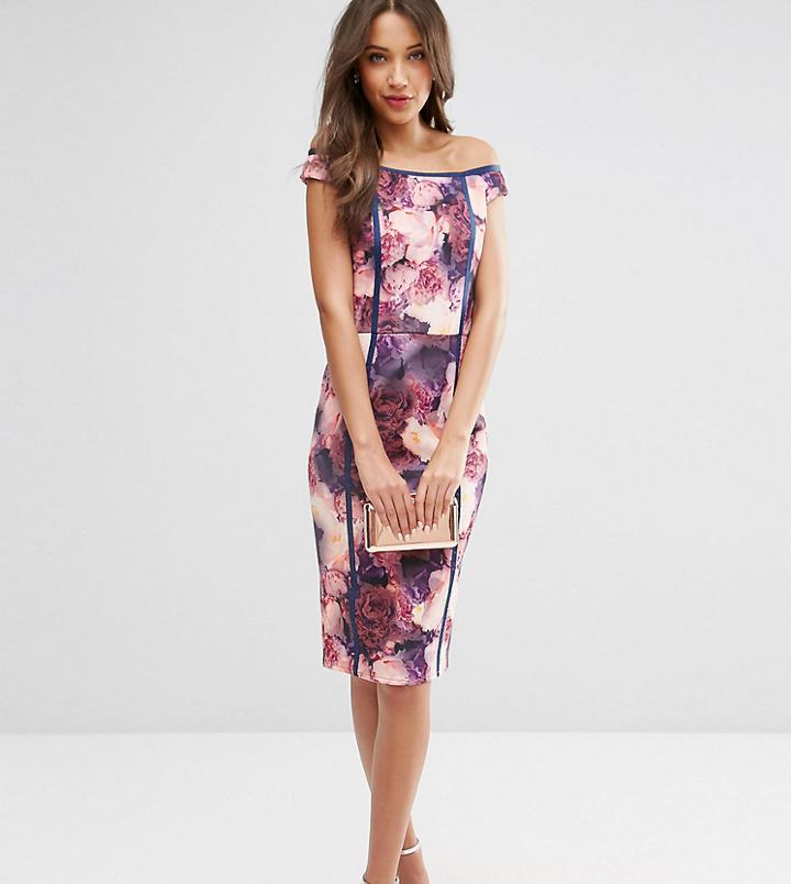 Asos Tall Salon Bardot Bodycon Dress In Mystical Floral Print - Multi