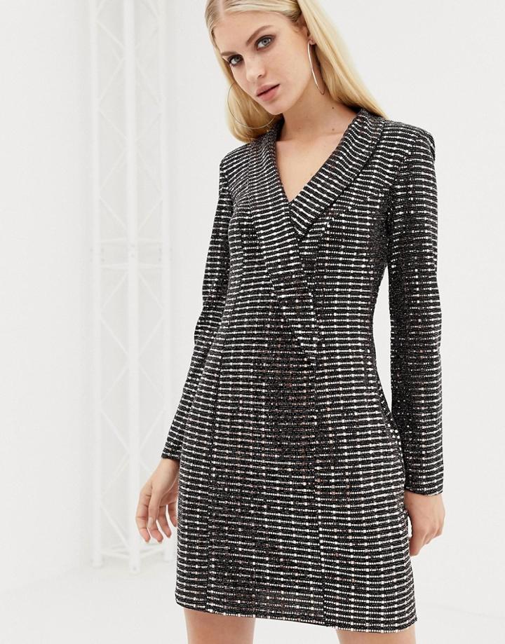Lipsy Mirrored Embellished Tux Dress In Black-multi