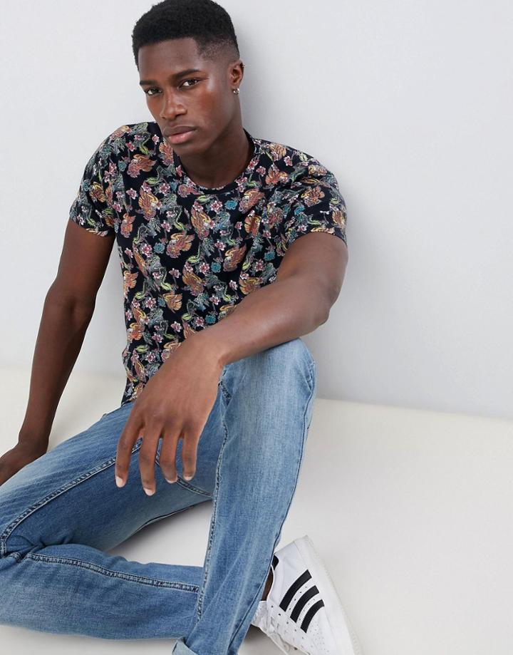 Brave Soul Floral Print T-shirt - Navy