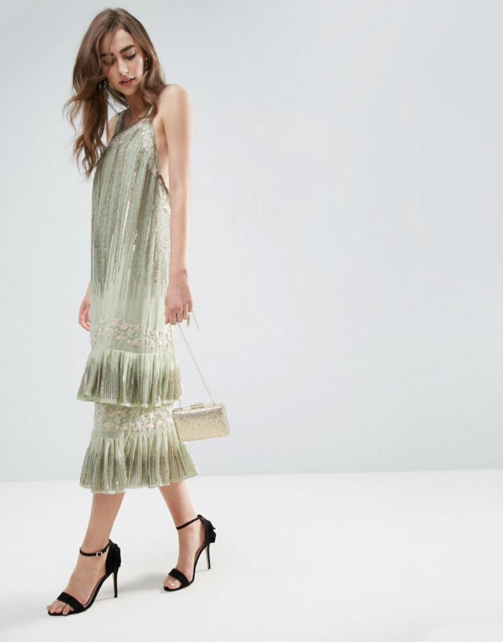 Asos Gold Double Layered Drop Hem Flapper Midi Dress - Green