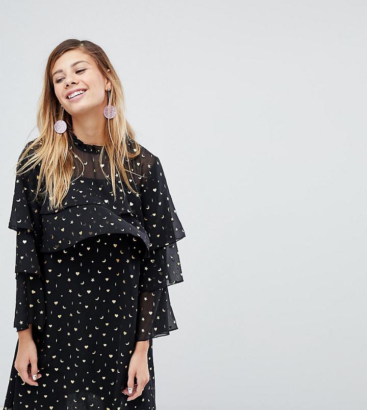 Monki Star And Moon Ruffle Dress - Black
