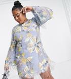 Asos Edition Curve Bright Floral Embellished Fringe Mini Dress With Low Back In Violet-purple