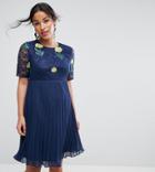 Asos Maternity Embroidered Mini Pleat And Lace Dress - Navy