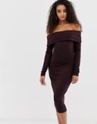 Boohoo Knitted Bardot Bodycon Midi Dress In Dark Burgundy - Purple