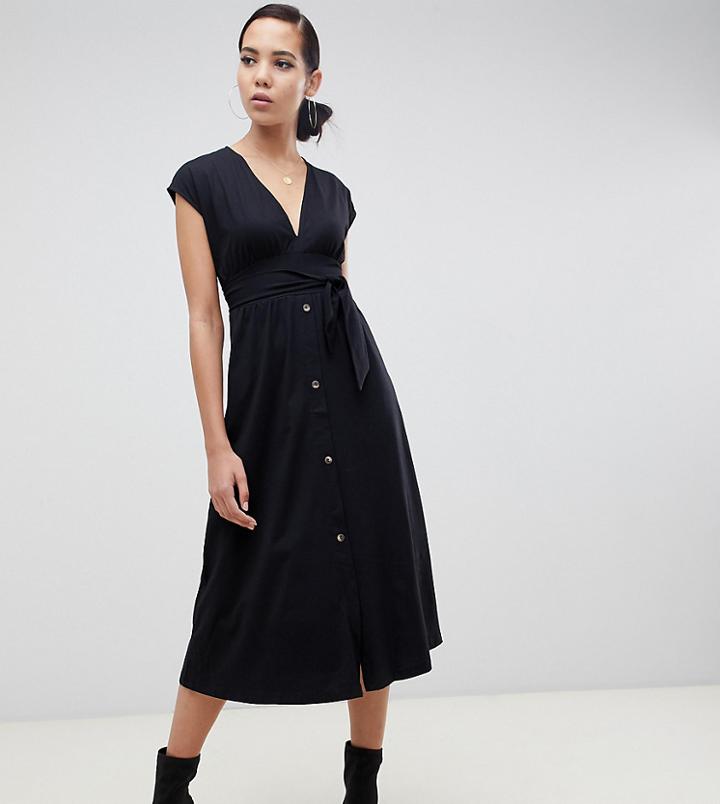 Asos Design Tall Midi Dress With Belt And Faux Tortoiseshell Buttons - Black