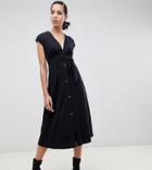 Asos Design Tall Midi Dress With Belt And Faux Tortoiseshell Buttons - Black