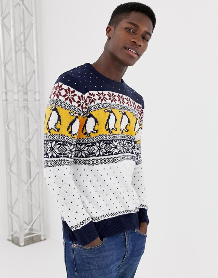 Pull & Bear Holidays Penguin Sweater In Gray - Navy