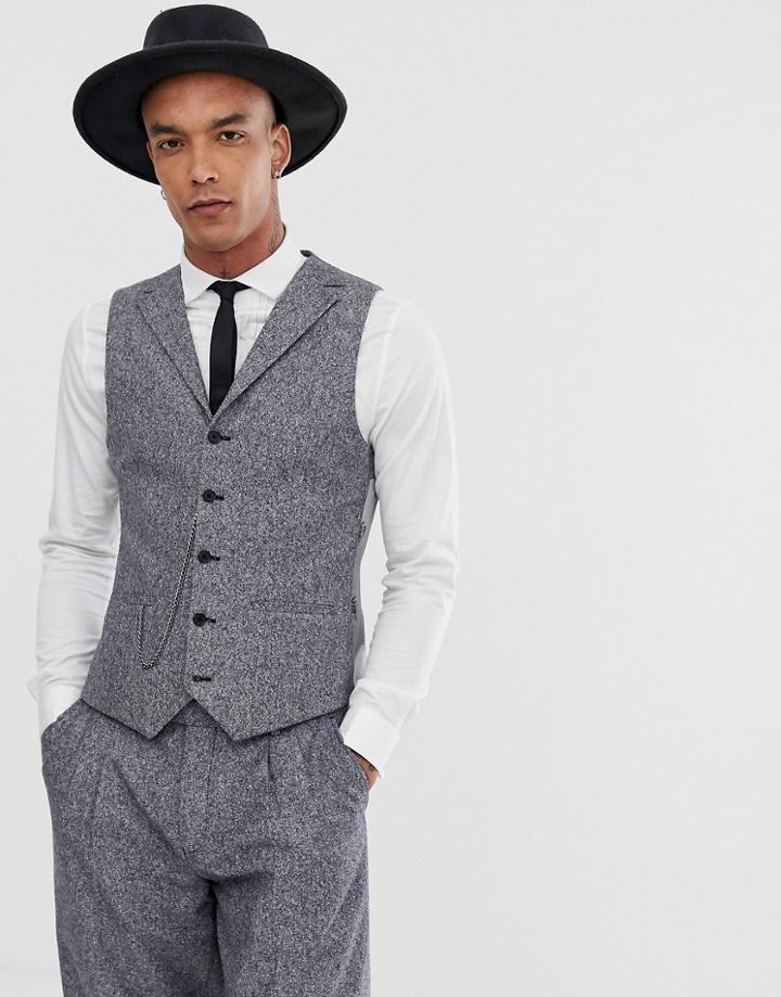 Twisted Tailor Super Skinny Suit Vest In Tweed With Chain-blue