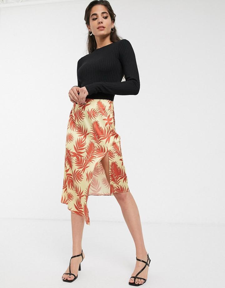 Glamorous Asymmetric Midi Skirt With Frogging In Palm Print-white