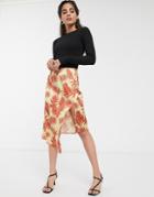 Glamorous Asymmetric Midi Skirt With Frogging In Palm Print-white