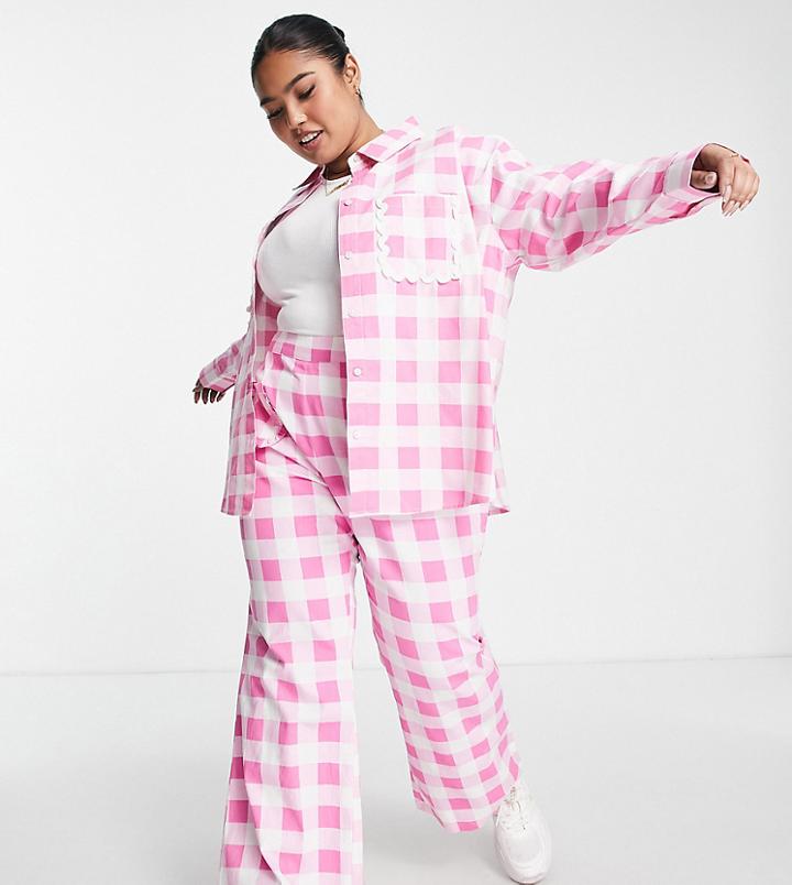 Neon Rose Plus Oversized Shirt With Frill Edge Pockets In Check - Part Of A Set-pink