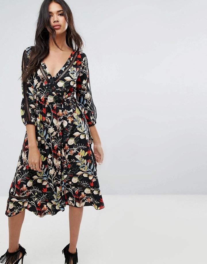 Boohoo Floral Wrap Midi Dress With Tie Sleeve Detail - Multi