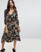 Boohoo Floral Wrap Midi Dress With Tie Sleeve Detail - Multi