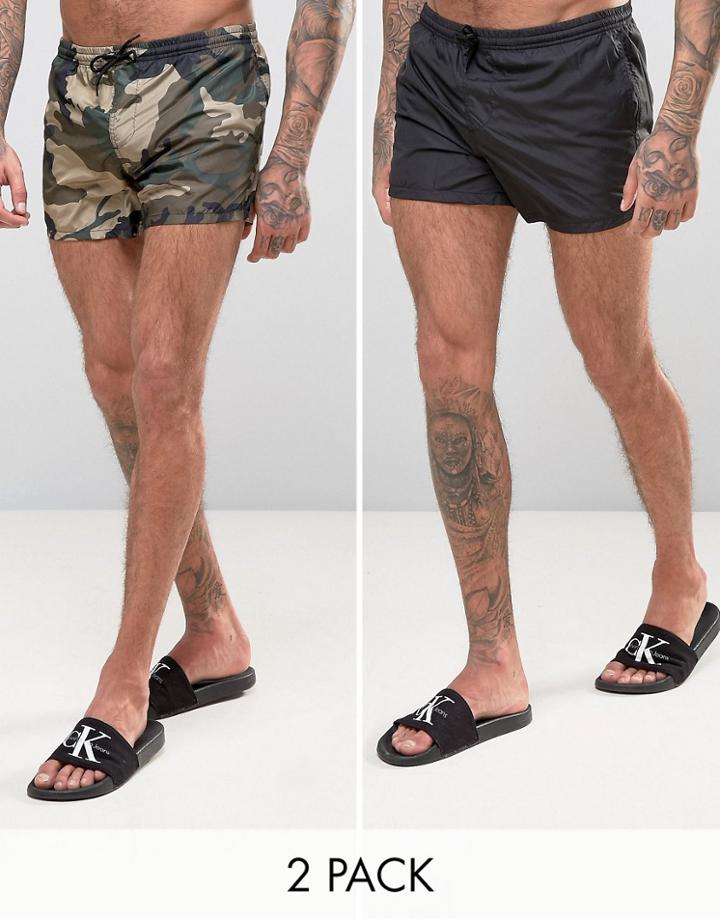 Bravesoul 2 Pack Short Length Swim Shorts In Solid Black And Camo Print - Black