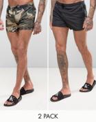 Bravesoul 2 Pack Short Length Swim Shorts In Solid Black And Camo Print - Black