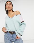 Asos Design V-neck Sweater With Colorblock And Tipping Detail In Green