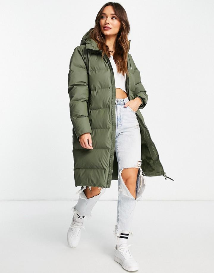 Rains 1507 Long Puffer Coat In Green-gray