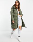 Rains 1507 Long Puffer Coat In Green-gray