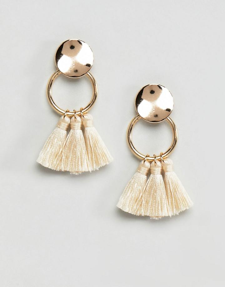 Asos Design Small Ring Tassel Earrings - Cream