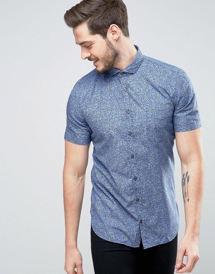 Boss Orange By Hugo Boss Short Sleeve Shirt Floral Print Slim Fit In Navy - Navy