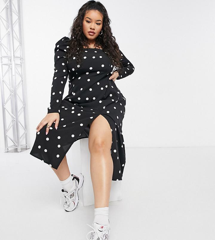 Simply Be Square Neck Midi Dress With Side Slit In Black Polka Dot