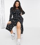 Simply Be Square Neck Midi Dress With Side Slit In Black Polka Dot