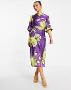 Asos Design Pleat Cowl Neck Satin Midi Tea Dress With Puff Sleeve In Purple Floral Print-multi