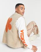 Asos Design Vest In Ecru Sherpa With Contrast Orange Flower Embroidery-neutral