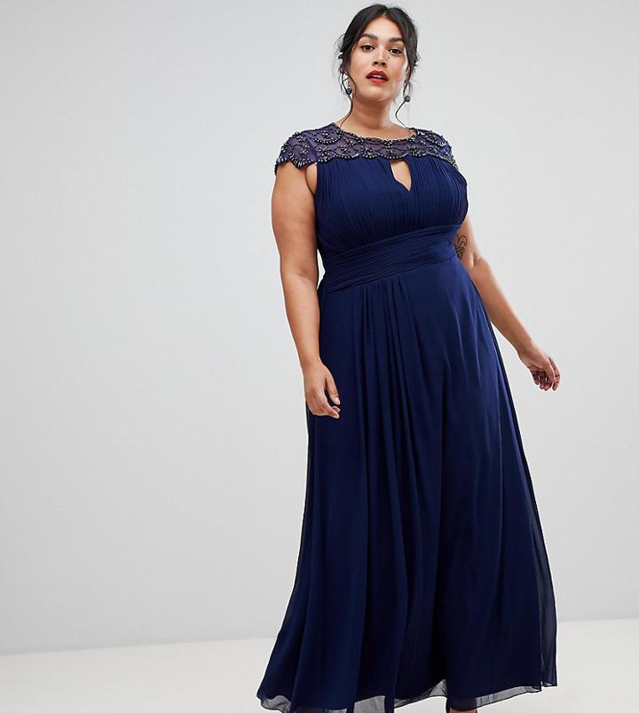 Little Mistress Plus Embellished Top Maxi Dress In Navy - Navy