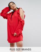 Daisy Street Plus Cold Shoulder Frill Dress - Red