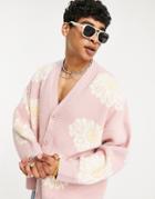 Topman Oversized Knit Cardigan With Sunflower Print In Light Pink